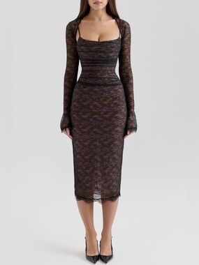 House of CB Gaia Lace Midi Dress (Floral lace long sleeve bolero not included)